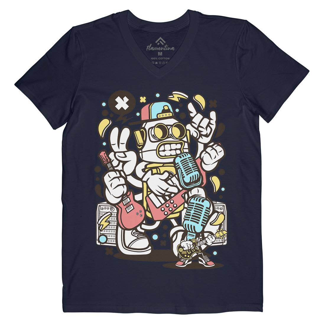 Robot Rocker Mens Organic V-Neck T-Shirt Music C206