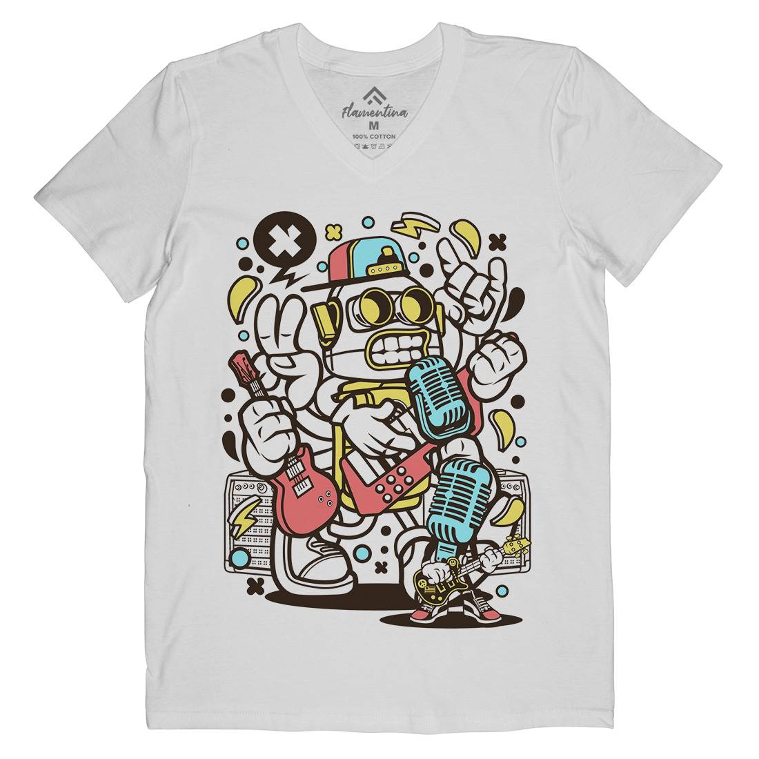 Robot Rocker Mens V-Neck T-Shirt Music C206