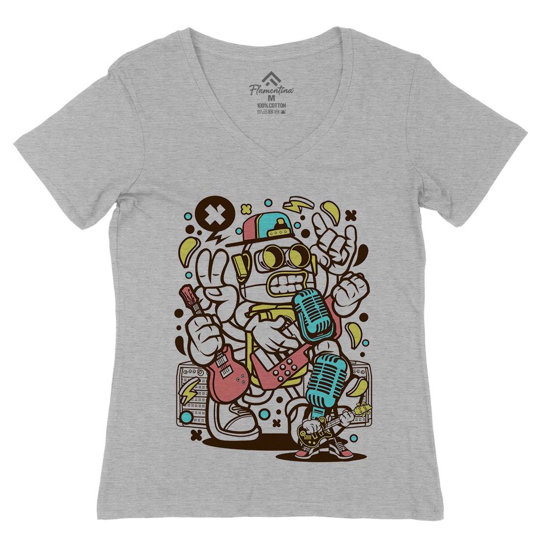 Robot Rocker Womens Organic V-Neck T-Shirt Music C206