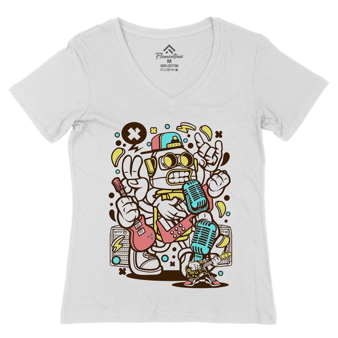 Robot Rocker Womens Organic V-Neck T-Shirt Music C206
