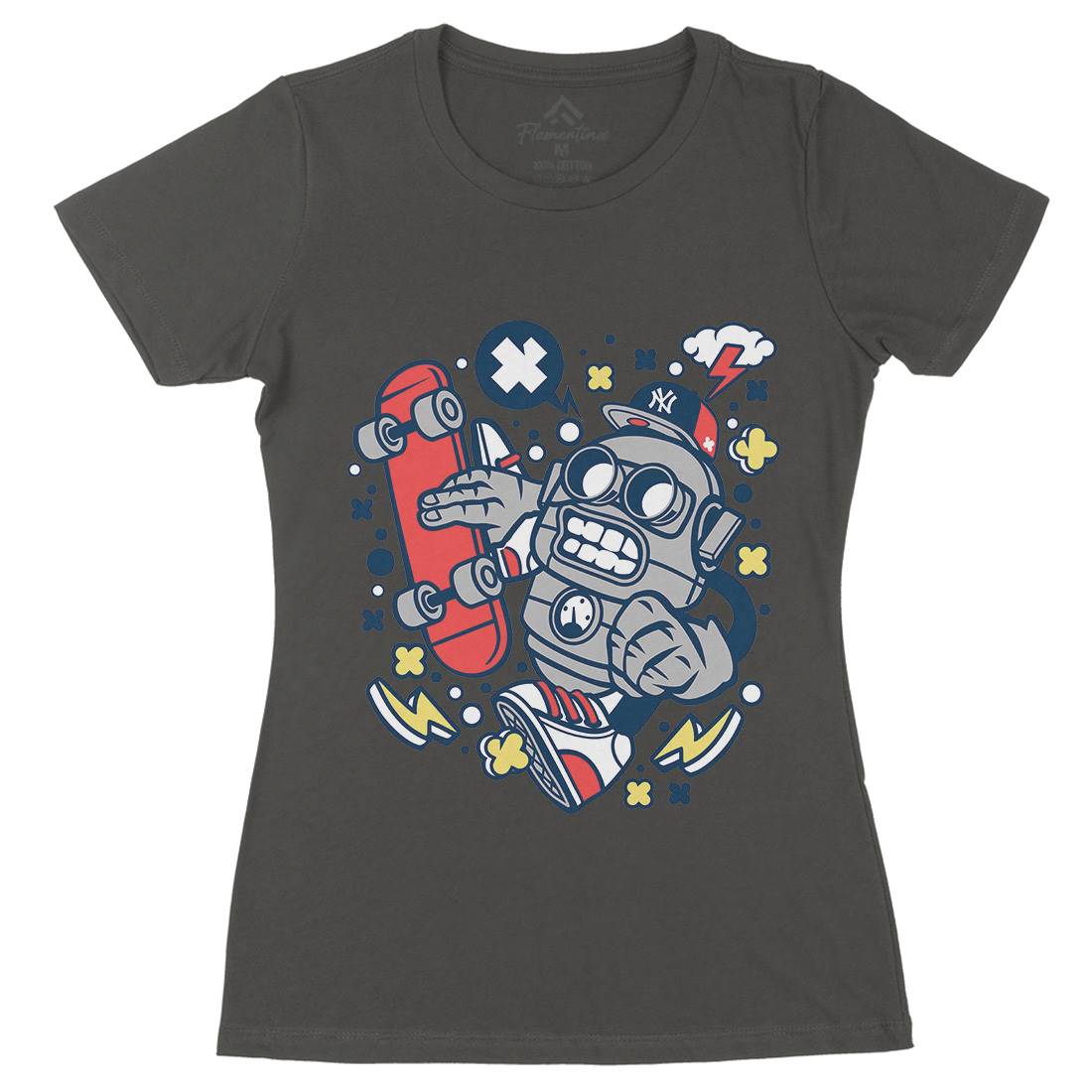 Robot Skater Womens Organic Crew Neck T-Shirt Skate C207