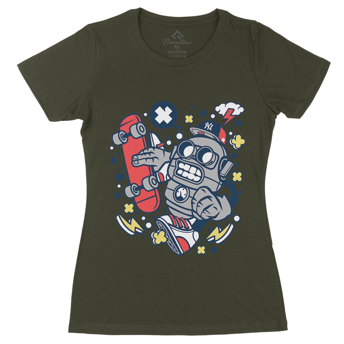 Robot Skater Womens Organic Crew Neck T-Shirt Skate C207