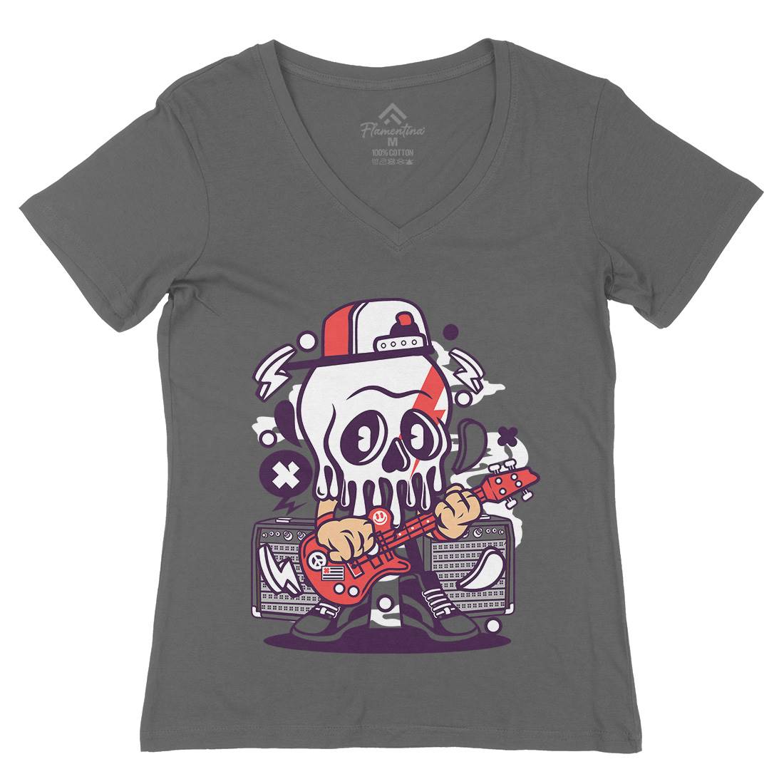 Rock Skull Womens Organic V-Neck T-Shirt Music C208