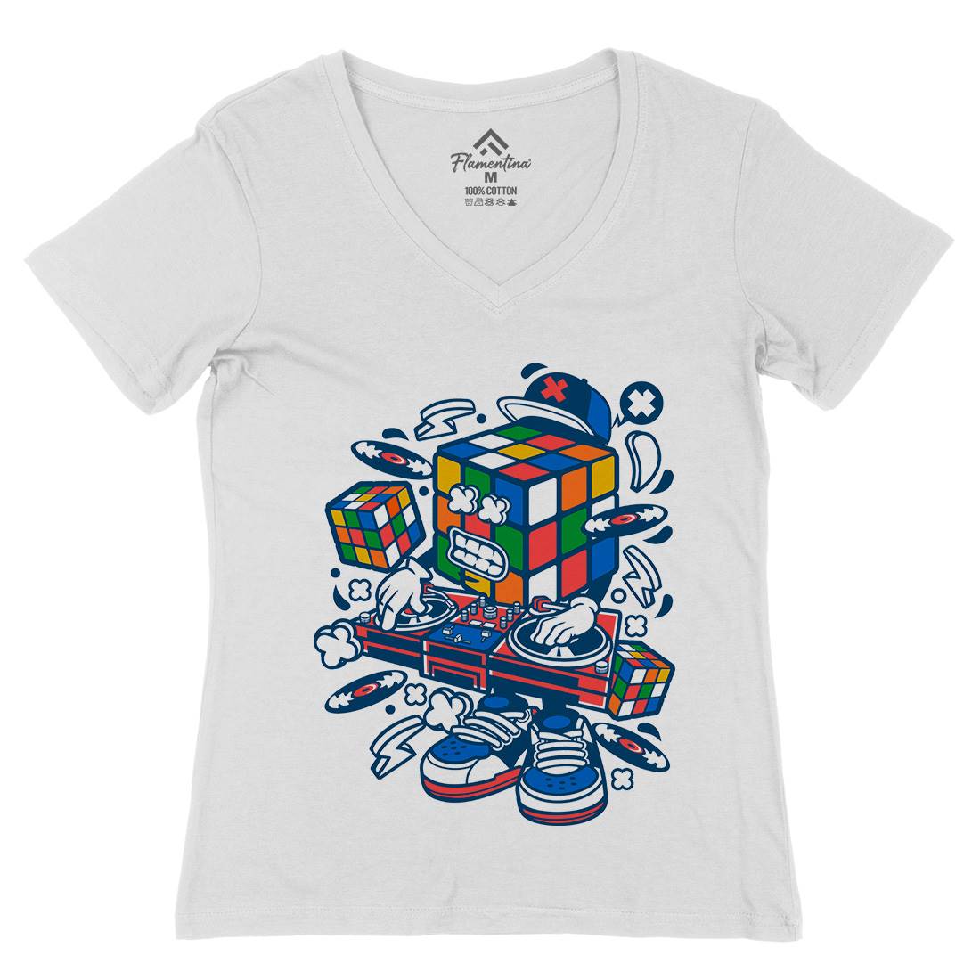 Cube Disk Jockey Womens Organic V-Neck T-Shirt Music C211