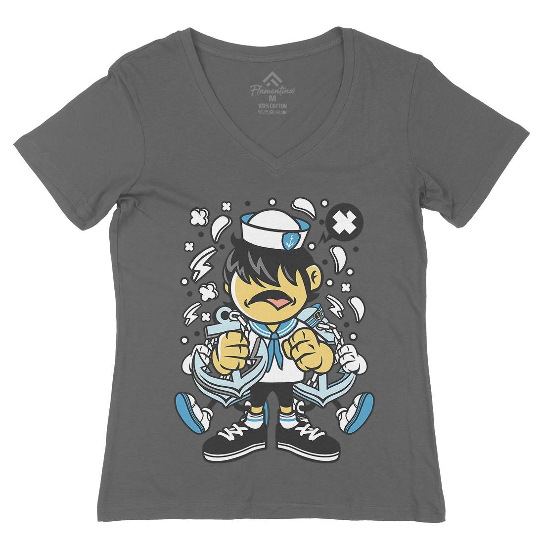 Sailor Kid Womens Organic V-Neck T-Shirt Navy C214