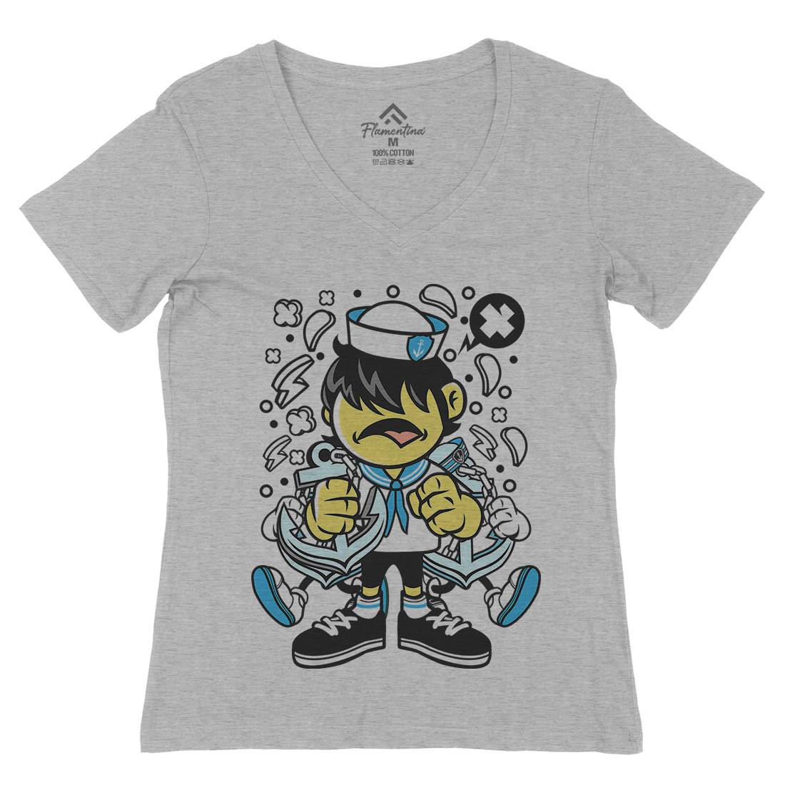 Sailor Kid Womens Organic V-Neck T-Shirt Navy C214