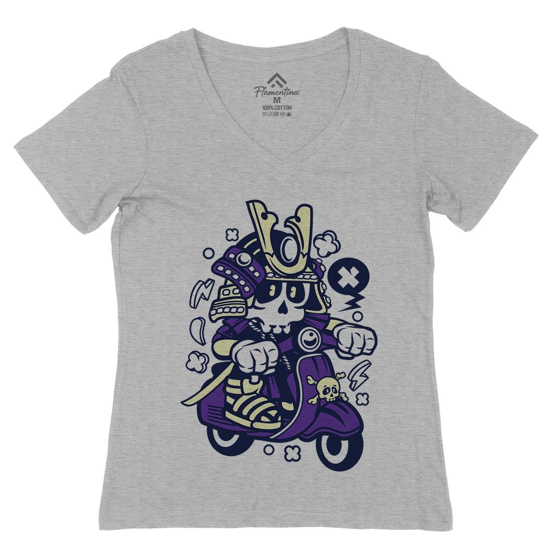 Samurai Scooter Womens Organic V-Neck T-Shirt Motorcycles C219