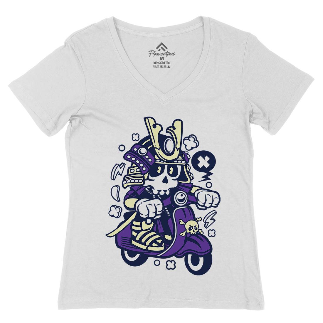 Samurai Scooter Womens Organic V-Neck T-Shirt Motorcycles C219