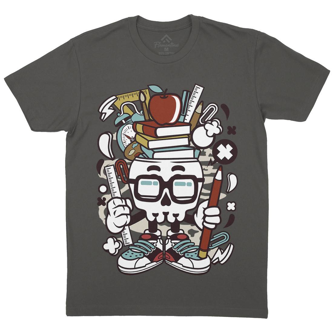 School Kid Skull Mens Organic Crew Neck T-Shirt Retro C225