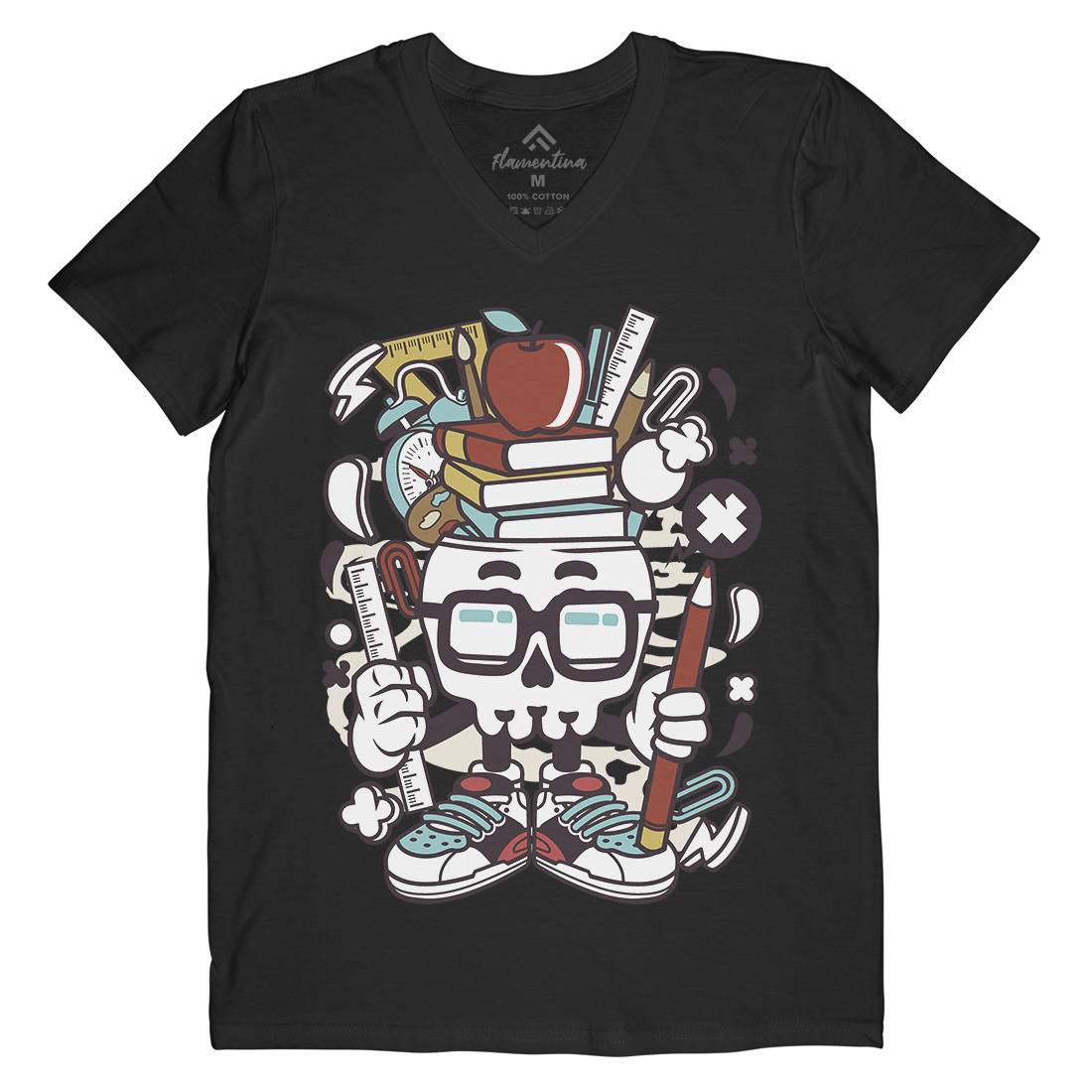 School Kid Skull Mens Organic V-Neck T-Shirt Retro C225