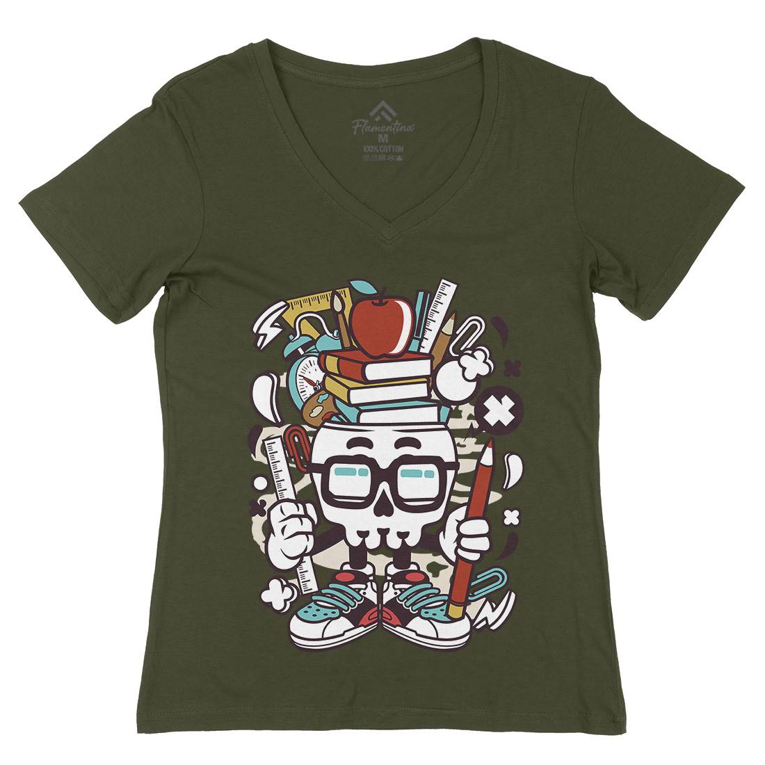 School Kid Skull Womens Organic V-Neck T-Shirt Retro C225