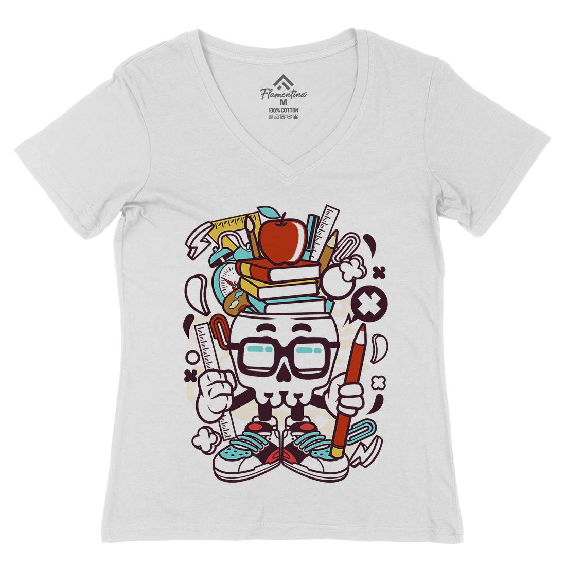 School Kid Skull Womens Organic V-Neck T-Shirt Retro C225