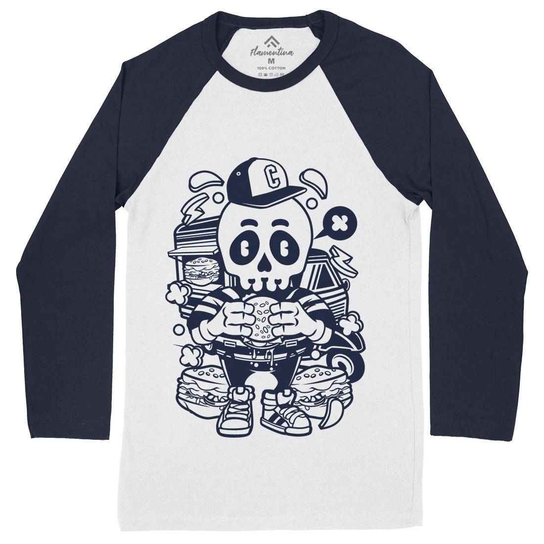 Skull Burger Mens Long Sleeve Baseball T-Shirt Food C230