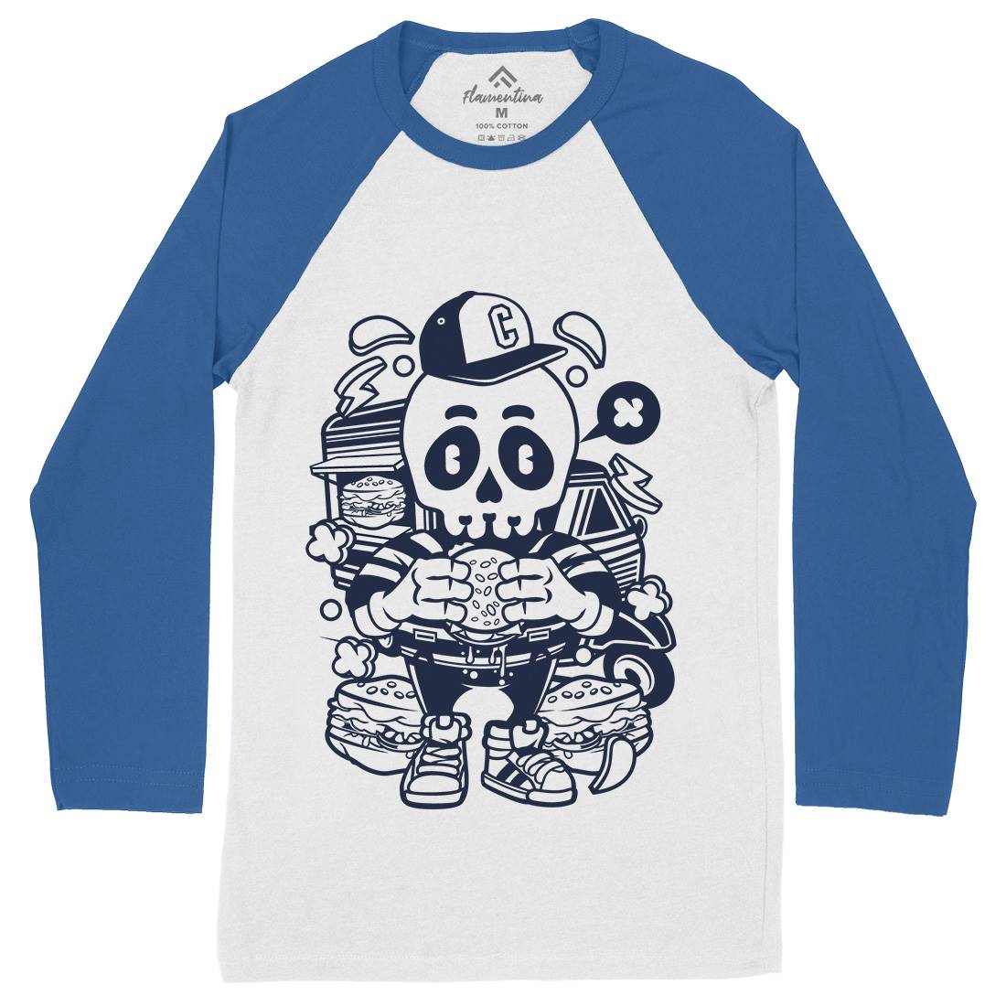 Skull Burger Mens Long Sleeve Baseball T-Shirt Food C230