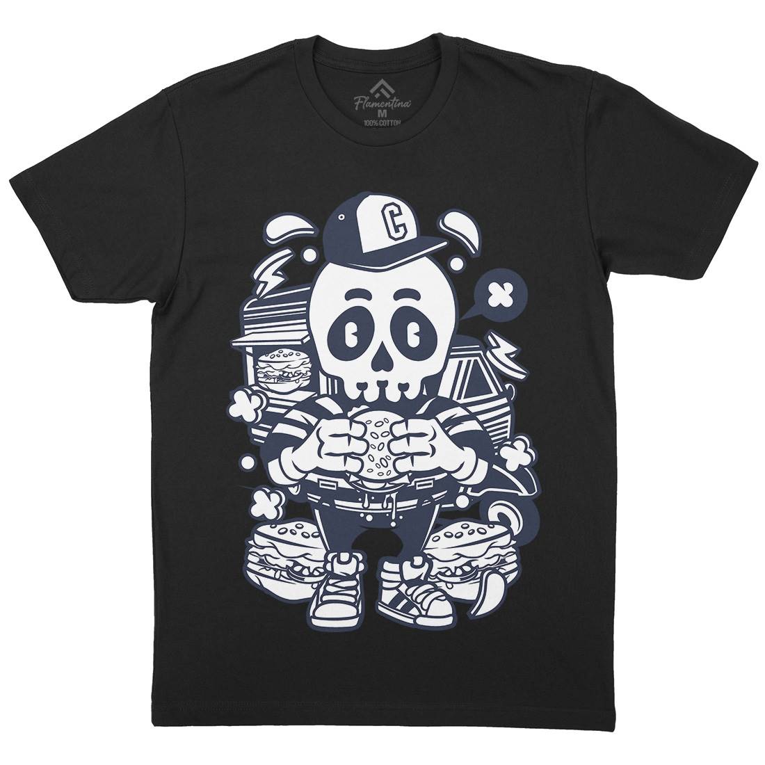 Skull Burger Mens Organic Crew Neck T-Shirt Food C230