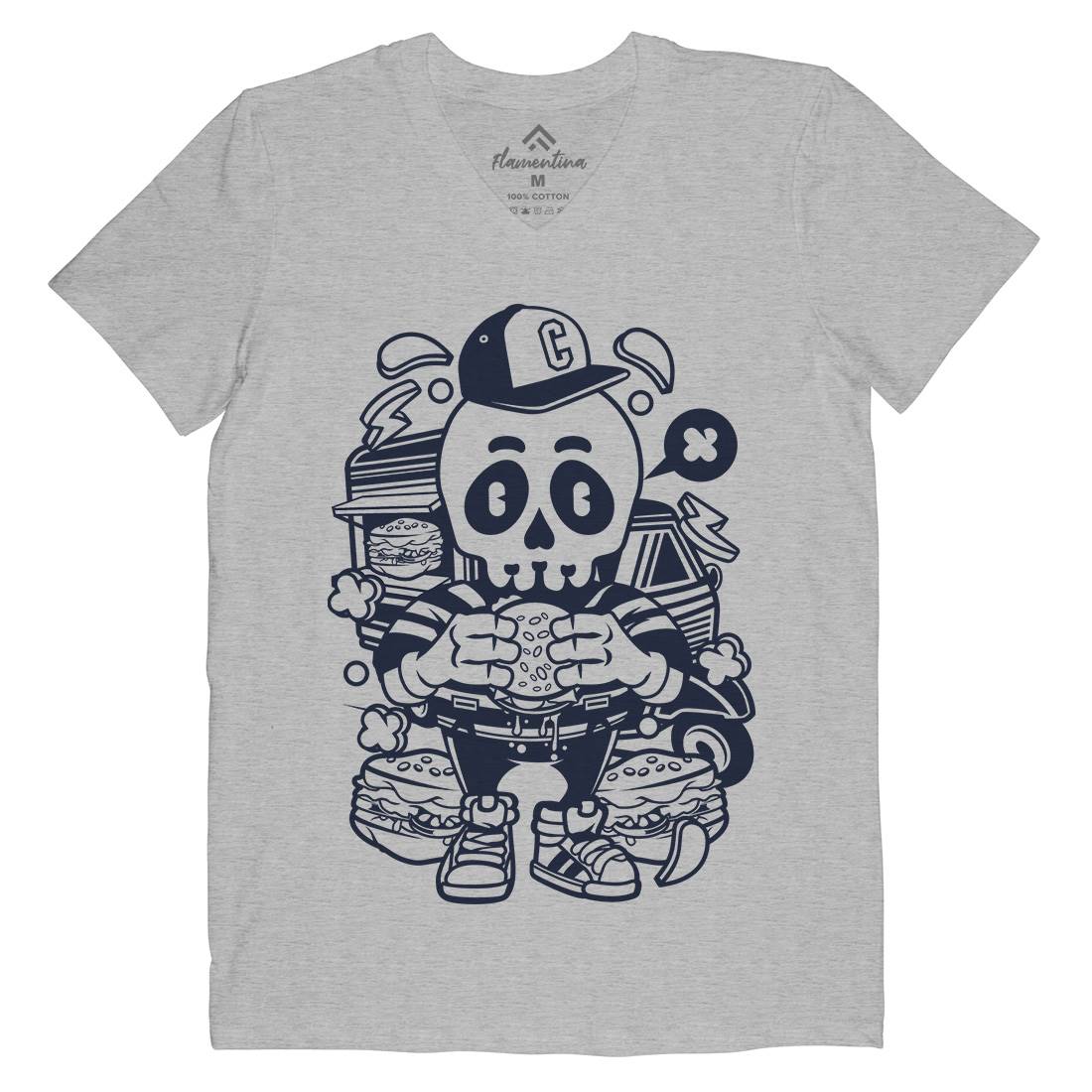 Skull Burger Mens Organic V-Neck T-Shirt Food C230
