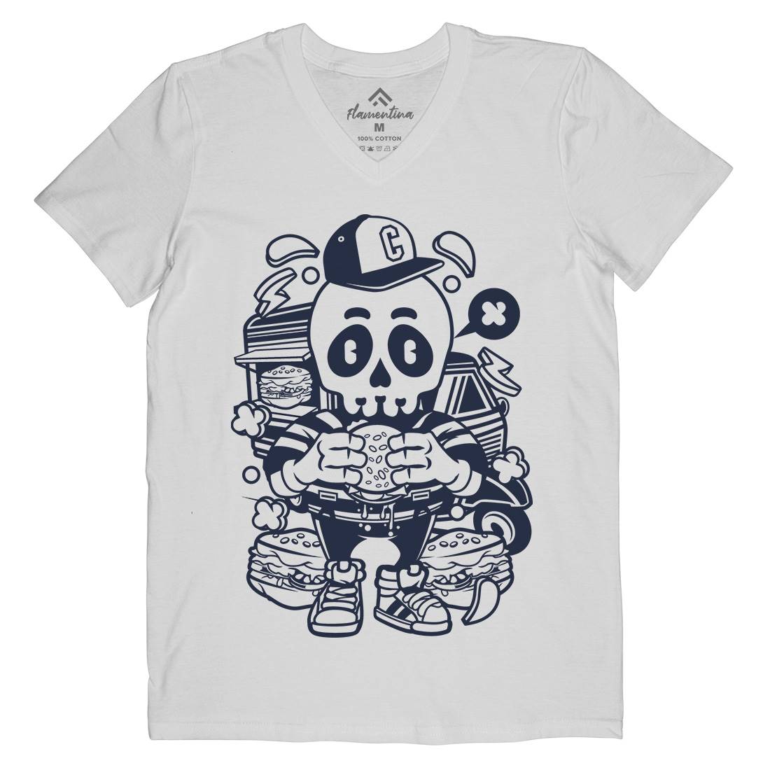 Skull Burger Mens Organic V-Neck T-Shirt Food C230