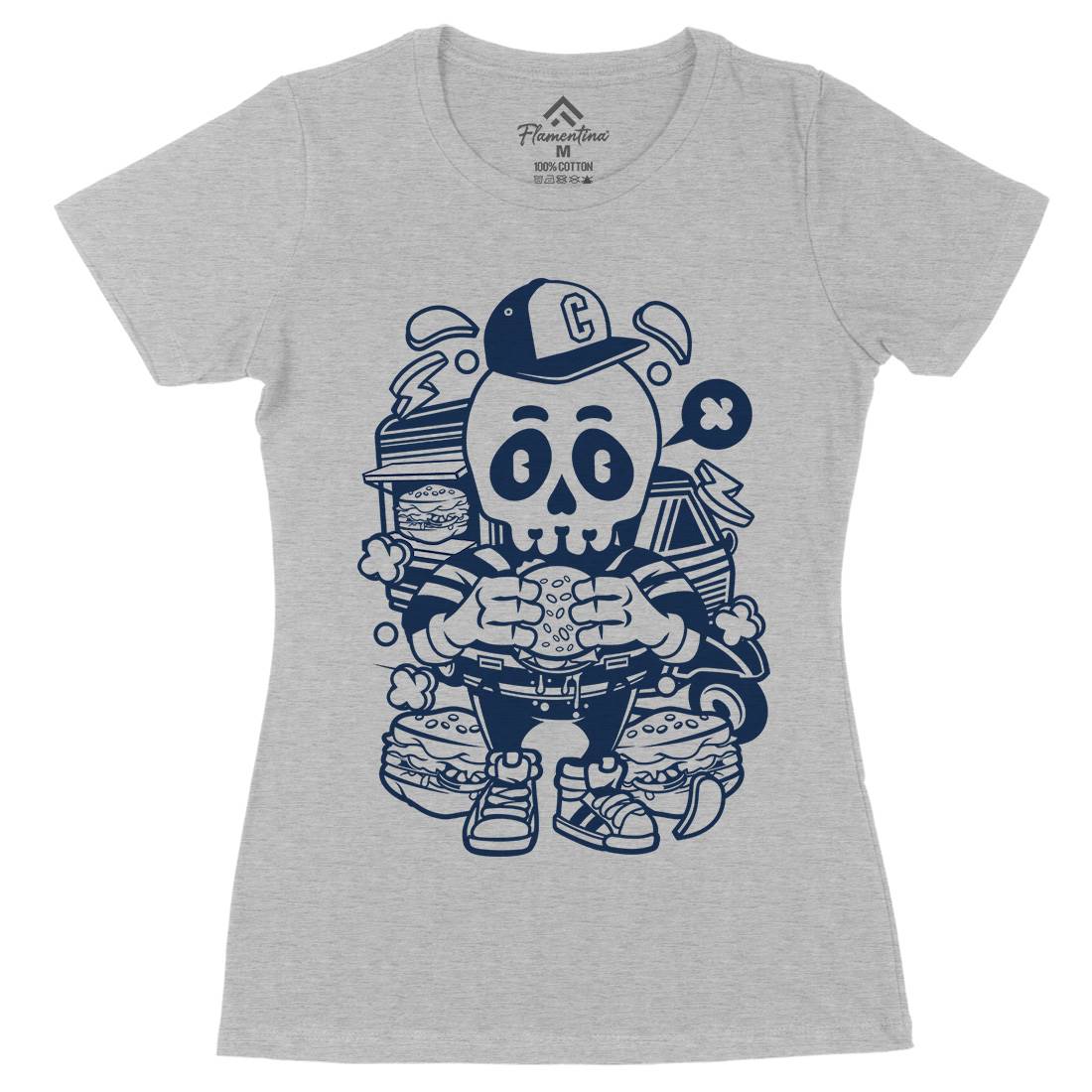 Skull Burger Womens Organic Crew Neck T-Shirt Food C230