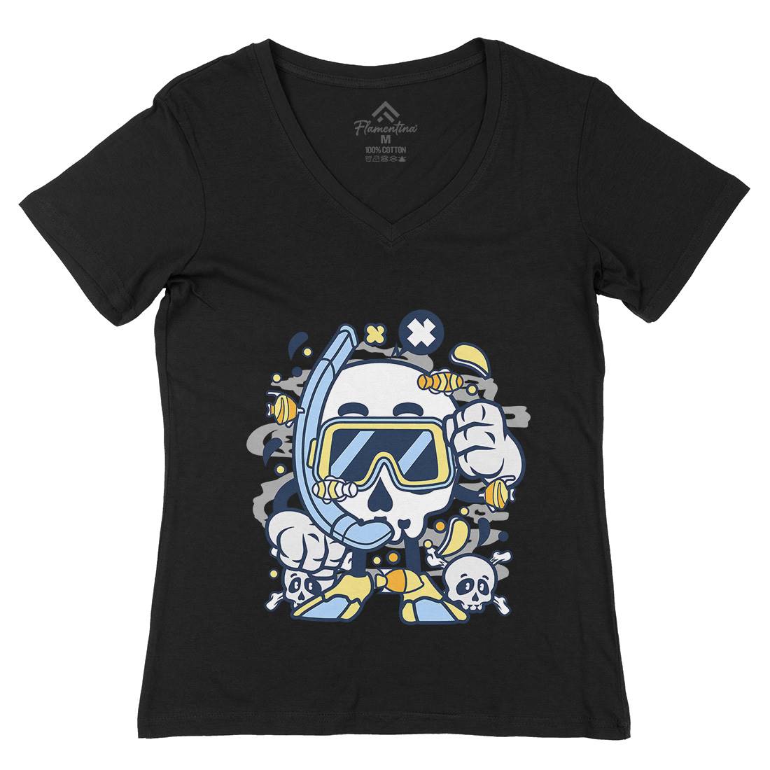 Skull Diver Womens Organic V-Neck T-Shirt Navy C232