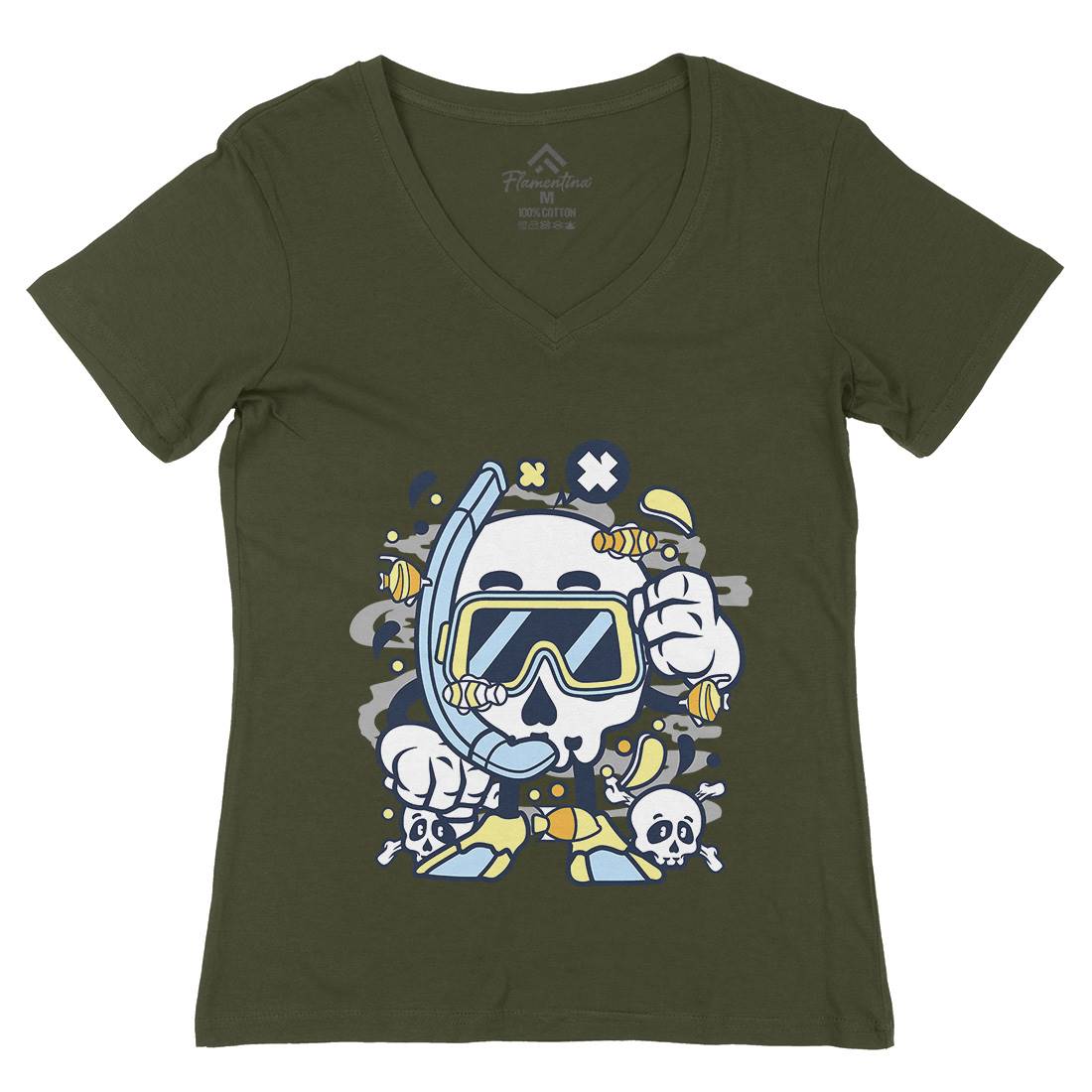Skull Diver Womens Organic V-Neck T-Shirt Navy C232