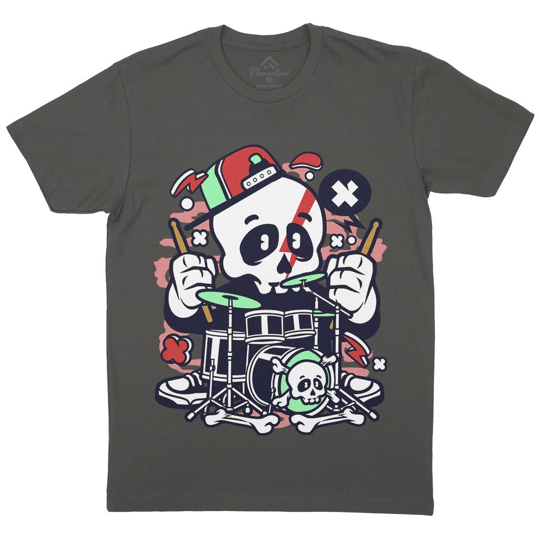 Skull Drummer Mens Crew Neck T-Shirt Music C233