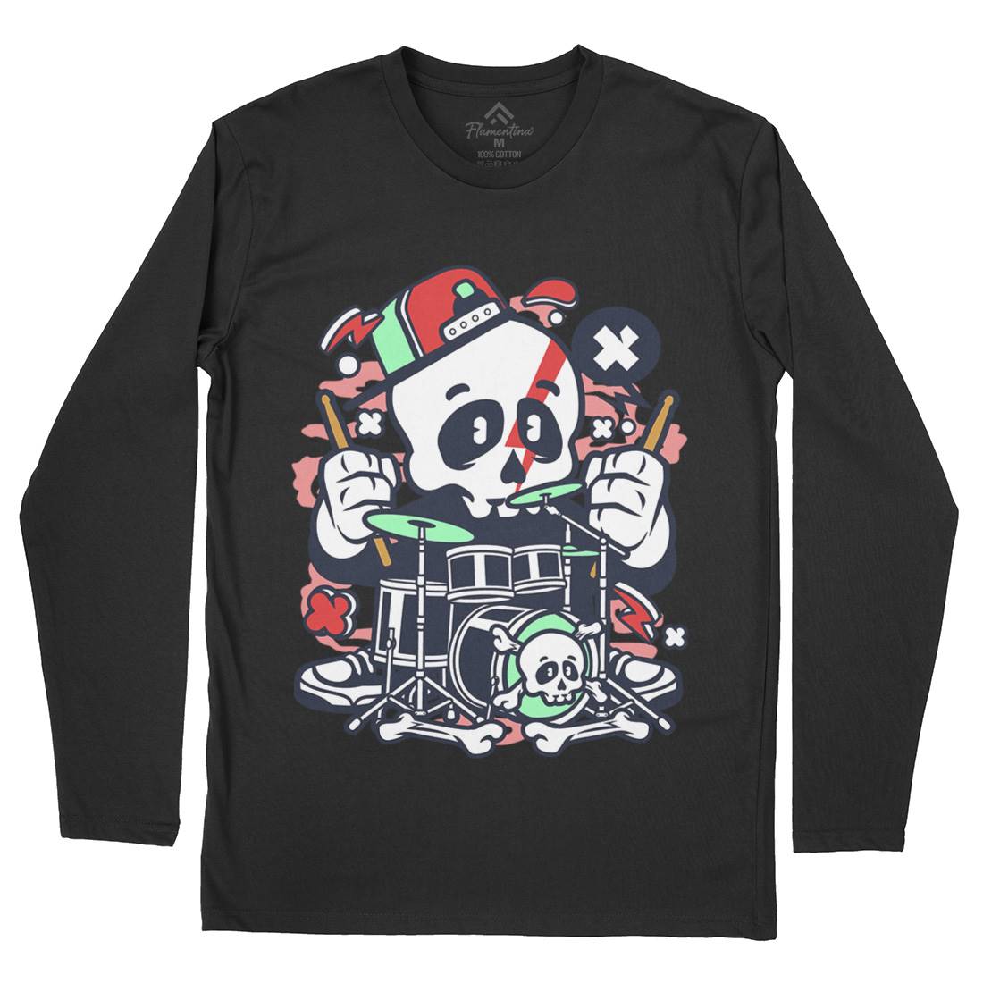 Skull Drummer Mens Long Sleeve T-Shirt Music C233