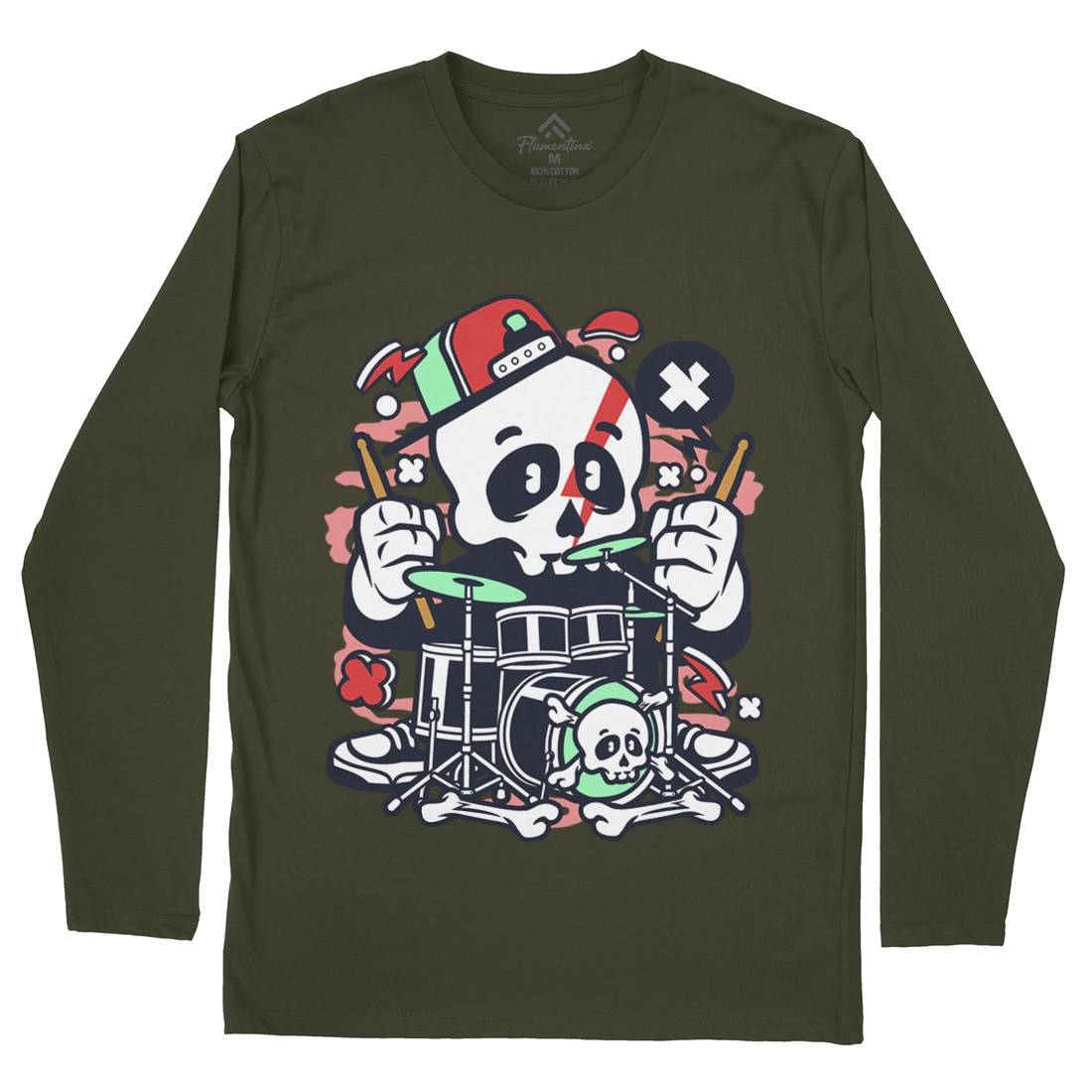 Skull Drummer Mens Long Sleeve T-Shirt Music C233