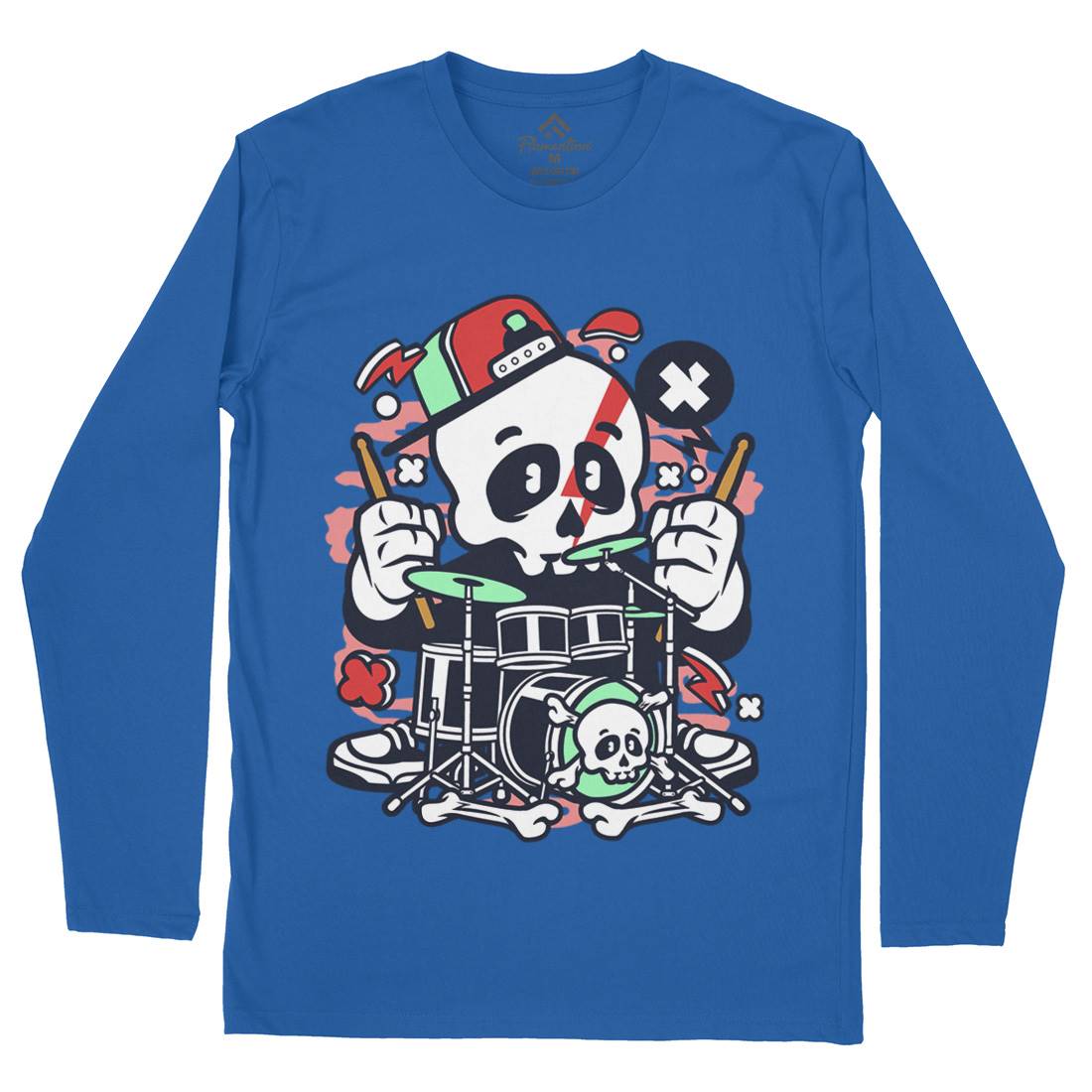 Skull Drummer Mens Long Sleeve T-Shirt Music C233