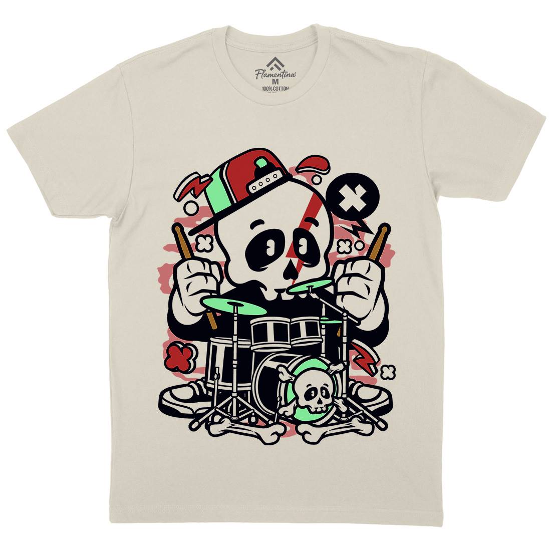Skull Drummer Mens Organic Crew Neck T-Shirt Music C233