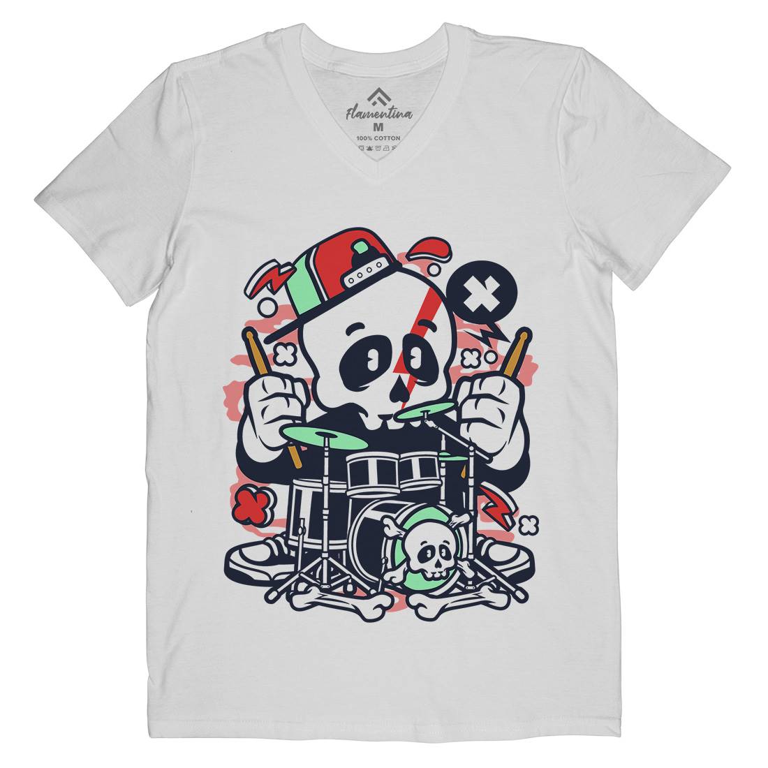 Skull Drummer Mens Organic V-Neck T-Shirt Music C233
