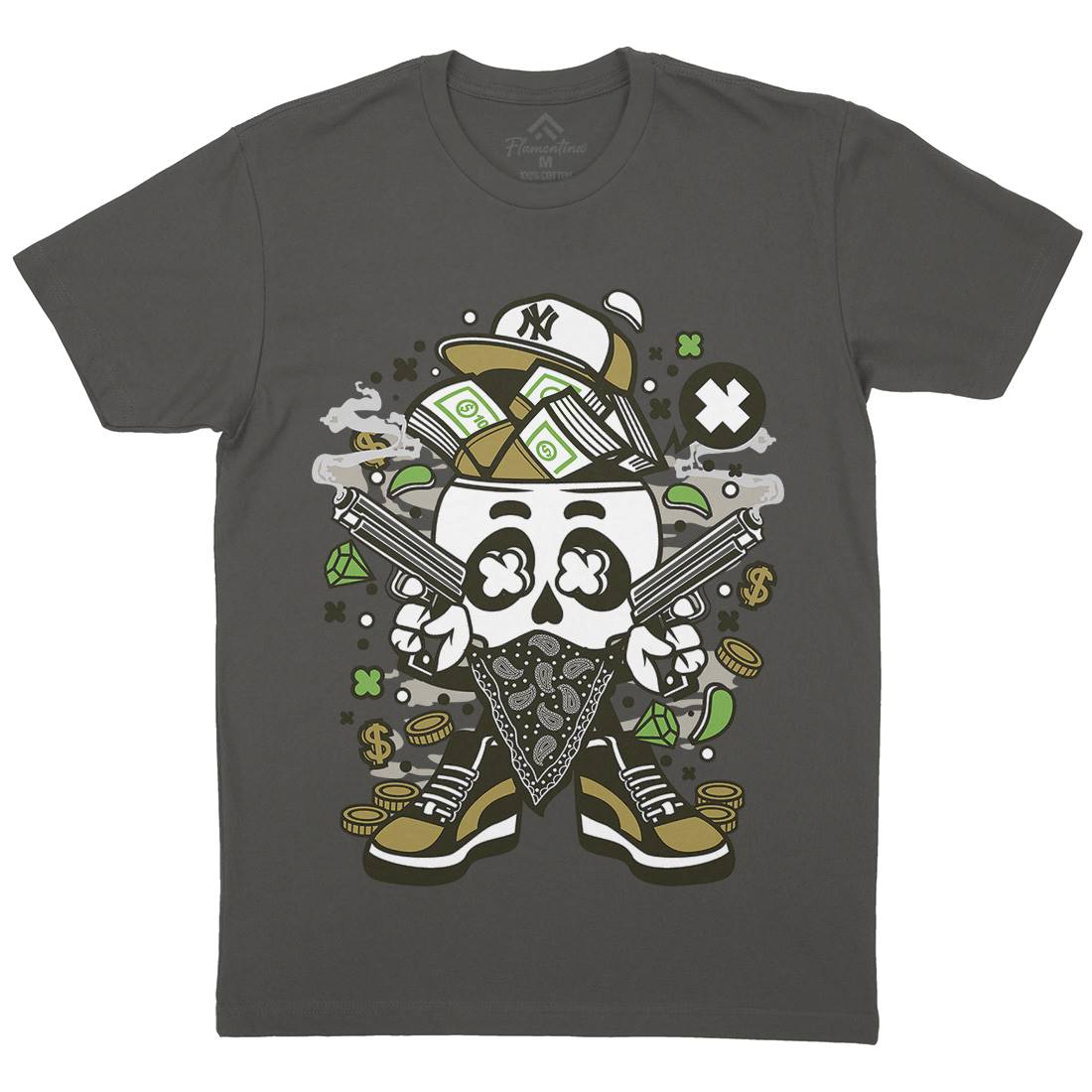 Skull Gangster Mens Organic Crew Neck T-Shirt Retro C235