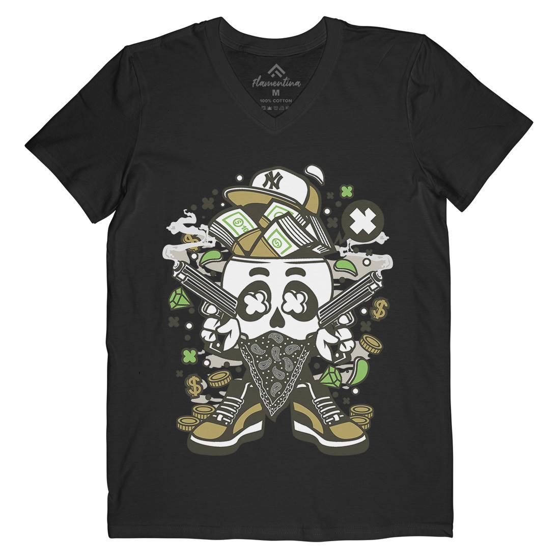 Skull Gangster Mens V-Neck T-Shirt Retro C235