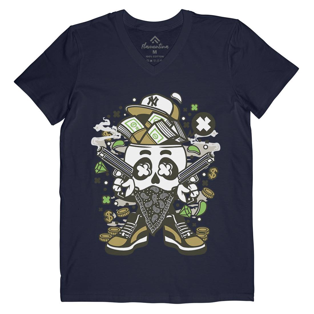 Skull Gangster Mens Organic V-Neck T-Shirt Retro C235