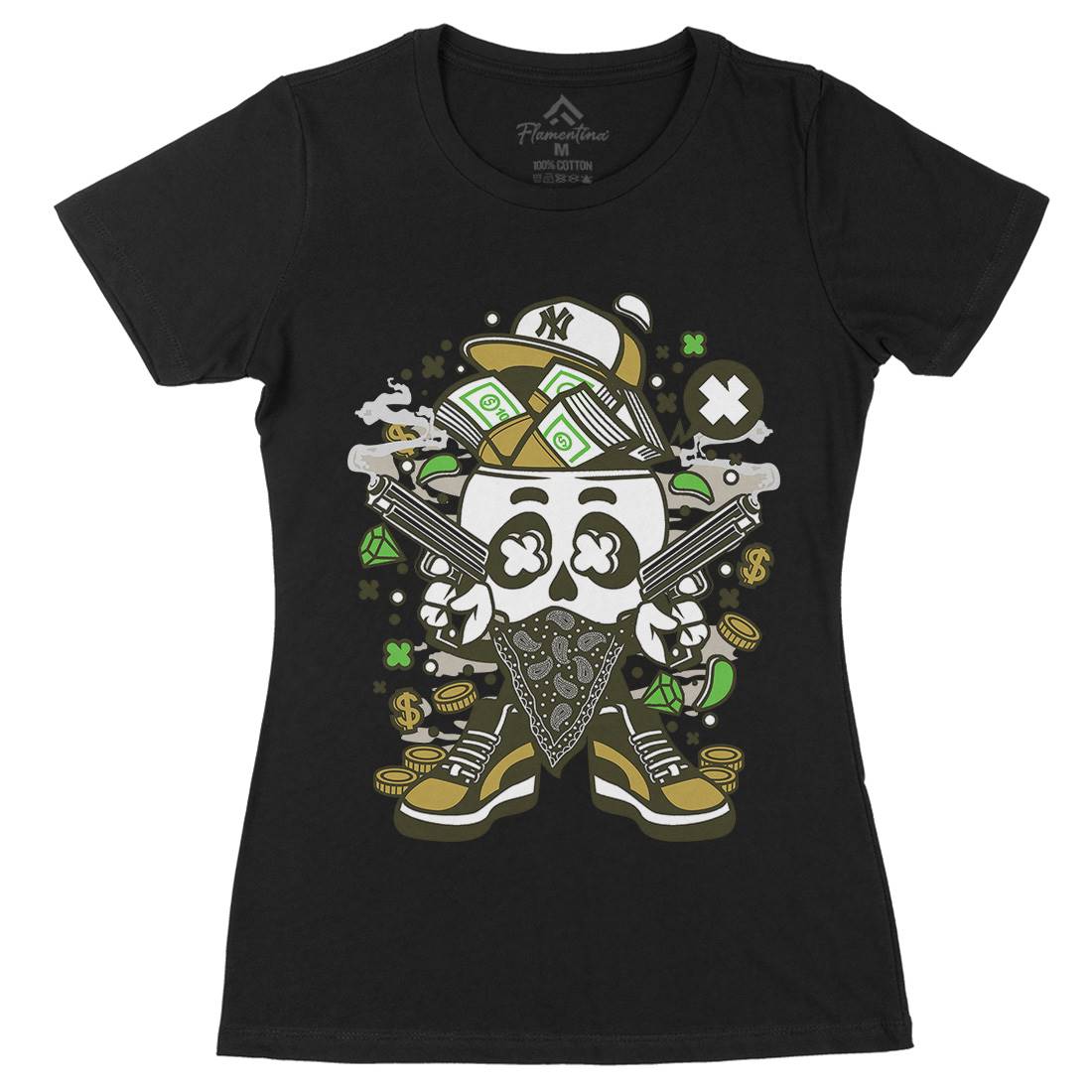 Skull Gangster Womens Organic Crew Neck T-Shirt Retro C235