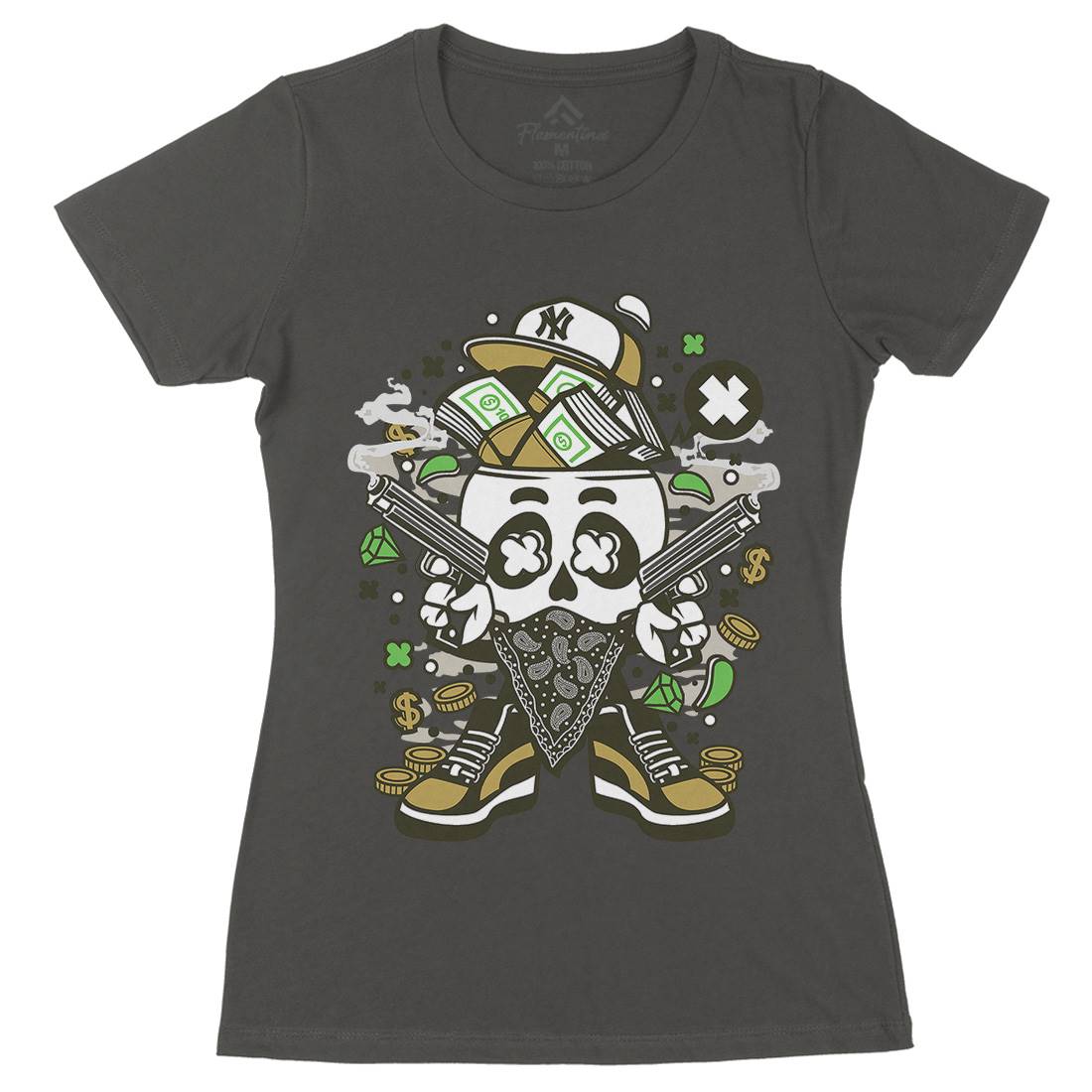 Skull Gangster Womens Organic Crew Neck T-Shirt Retro C235