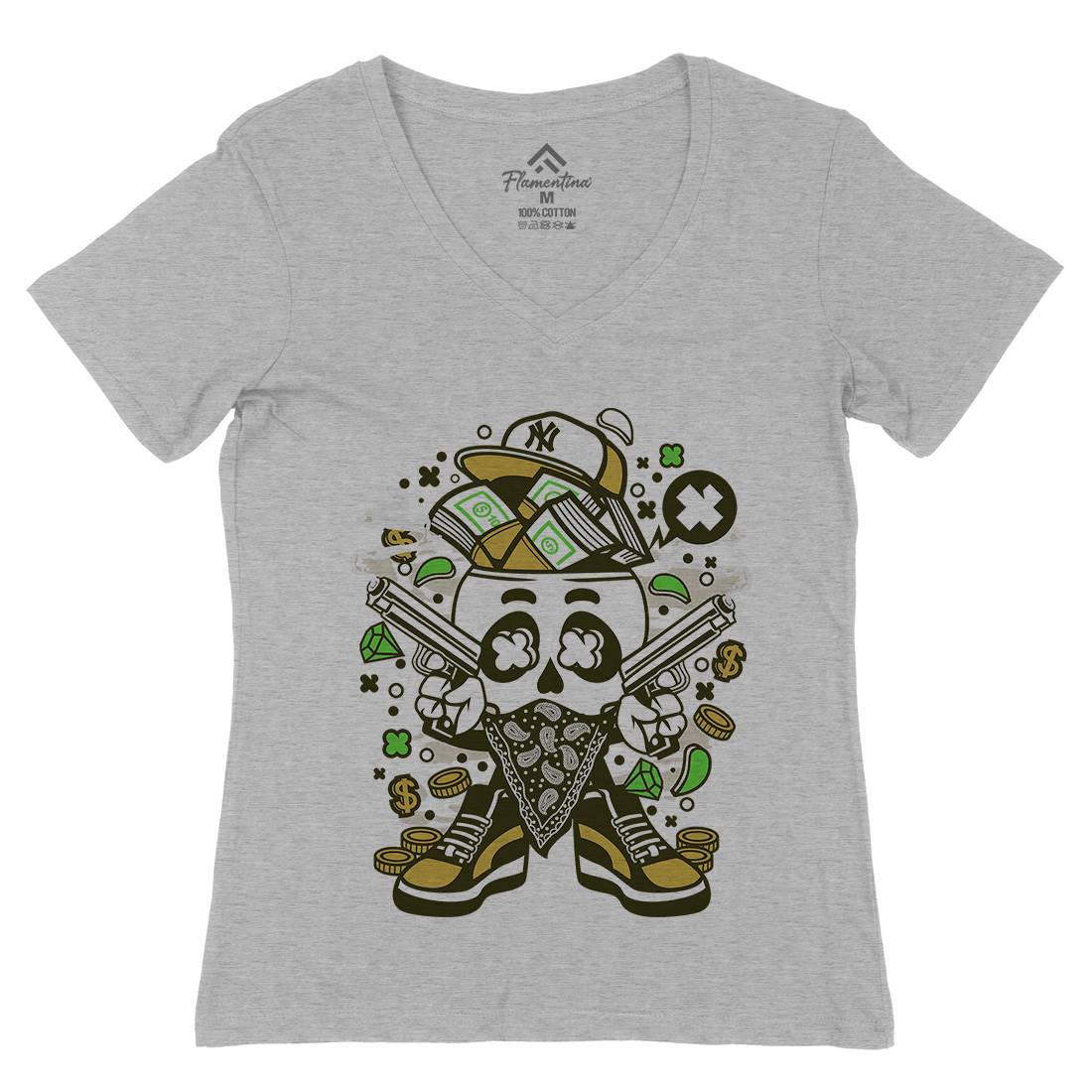 Skull Gangster Womens Organic V-Neck T-Shirt Retro C235