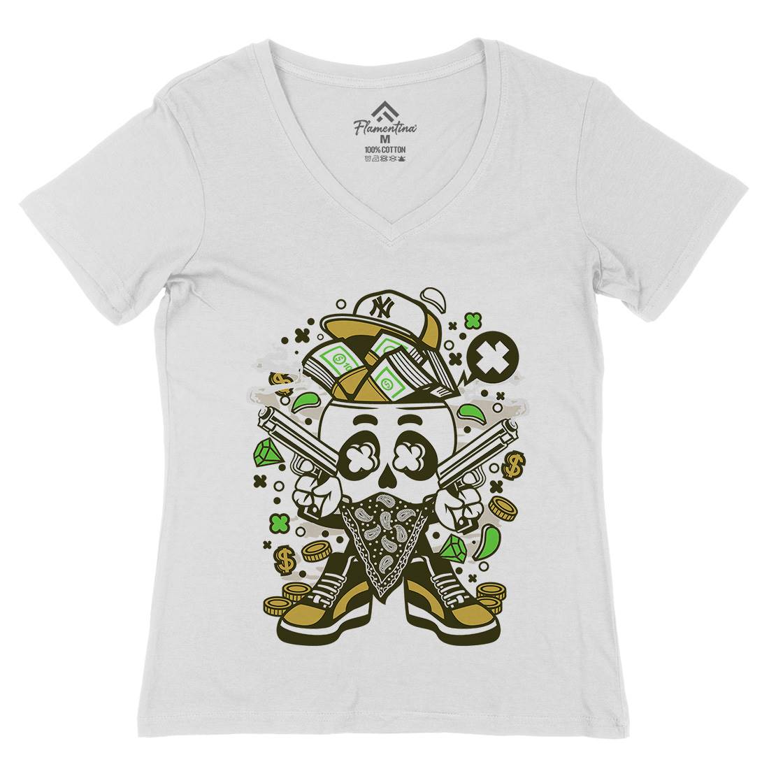 Skull Gangster Womens Organic V-Neck T-Shirt Retro C235