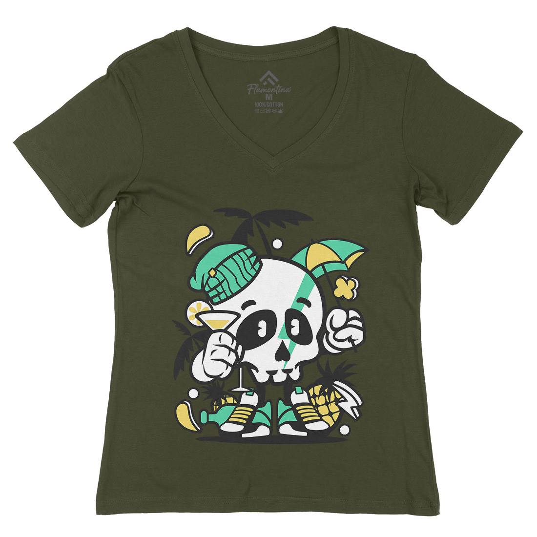 Skull Holiday Womens Organic V-Neck T-Shirt Retro C237