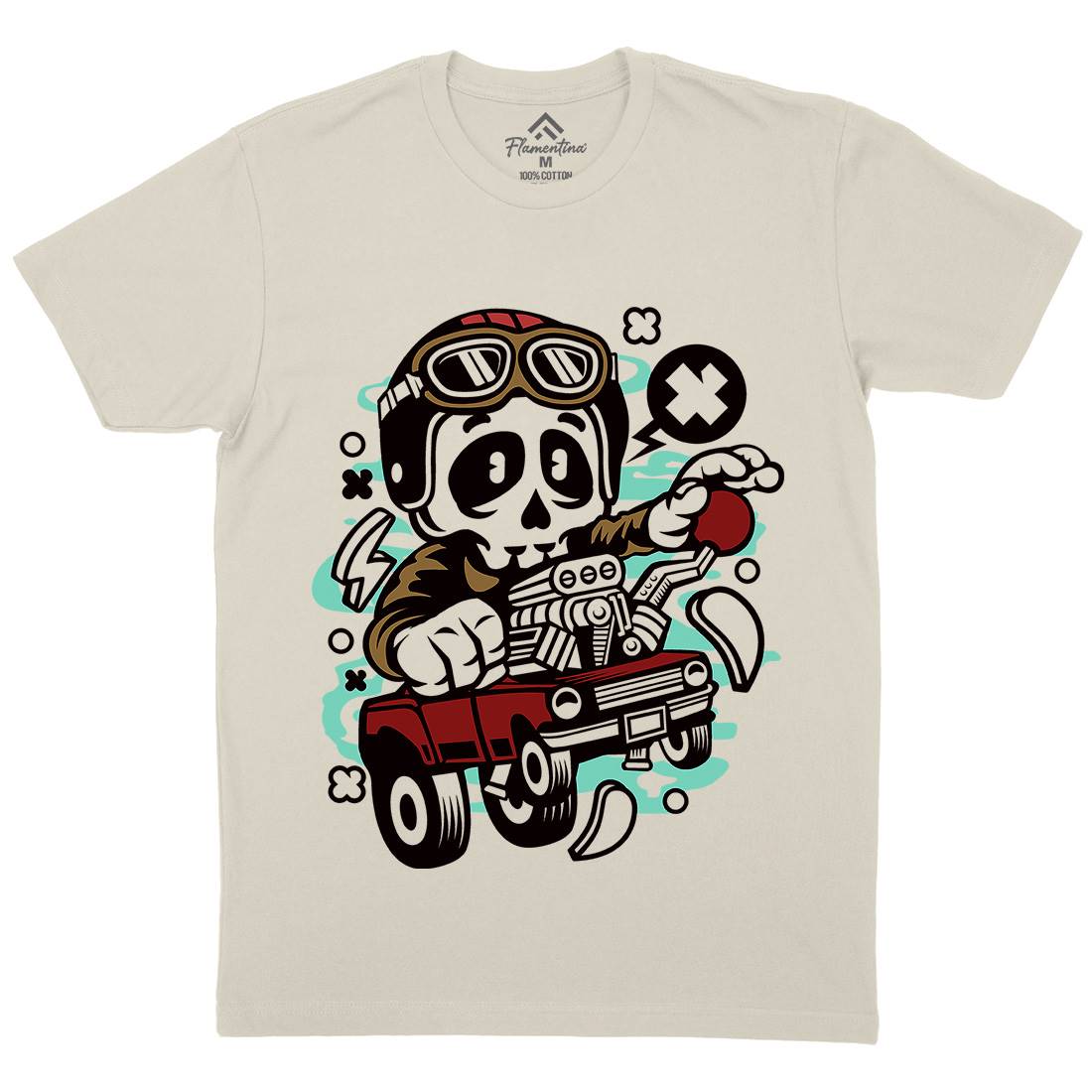 Skull Hot Rod Racer Mens Organic Crew Neck T-Shirt Cars C238