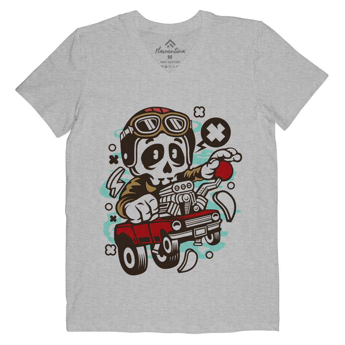 Skull Hot Rod Racer Mens Organic V-Neck T-Shirt Cars C238