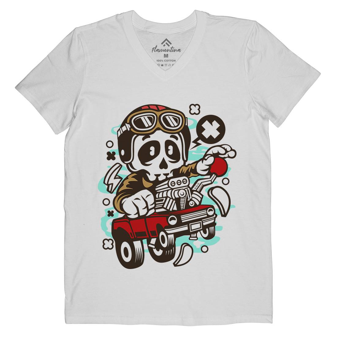 Skull Hot Rod Racer Mens Organic V-Neck T-Shirt Cars C238