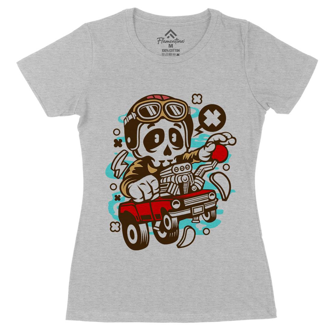 Skull Hot Rod Racer Womens Organic Crew Neck T-Shirt Cars C238