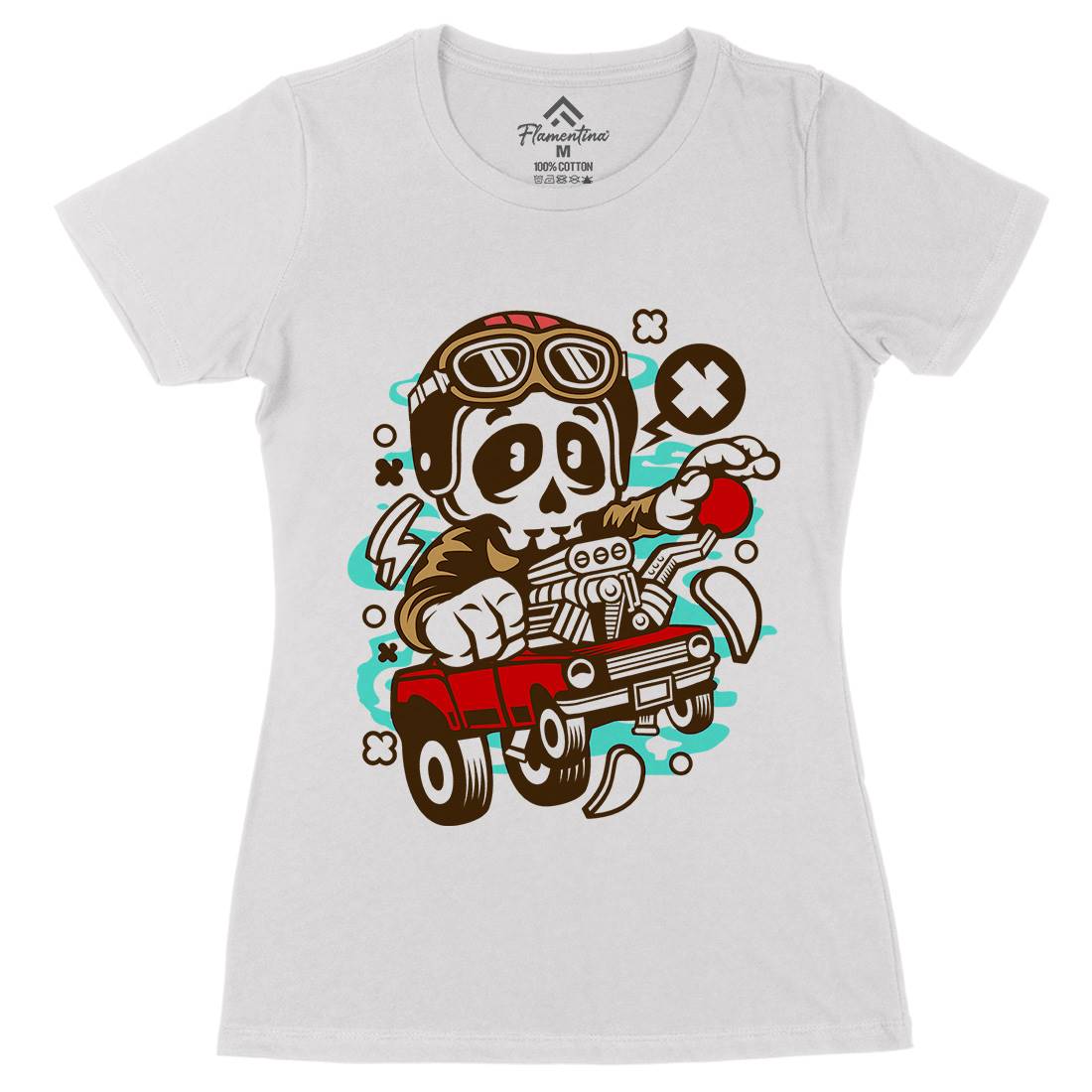 Skull Hot Rod Racer Womens Organic Crew Neck T-Shirt Cars C238