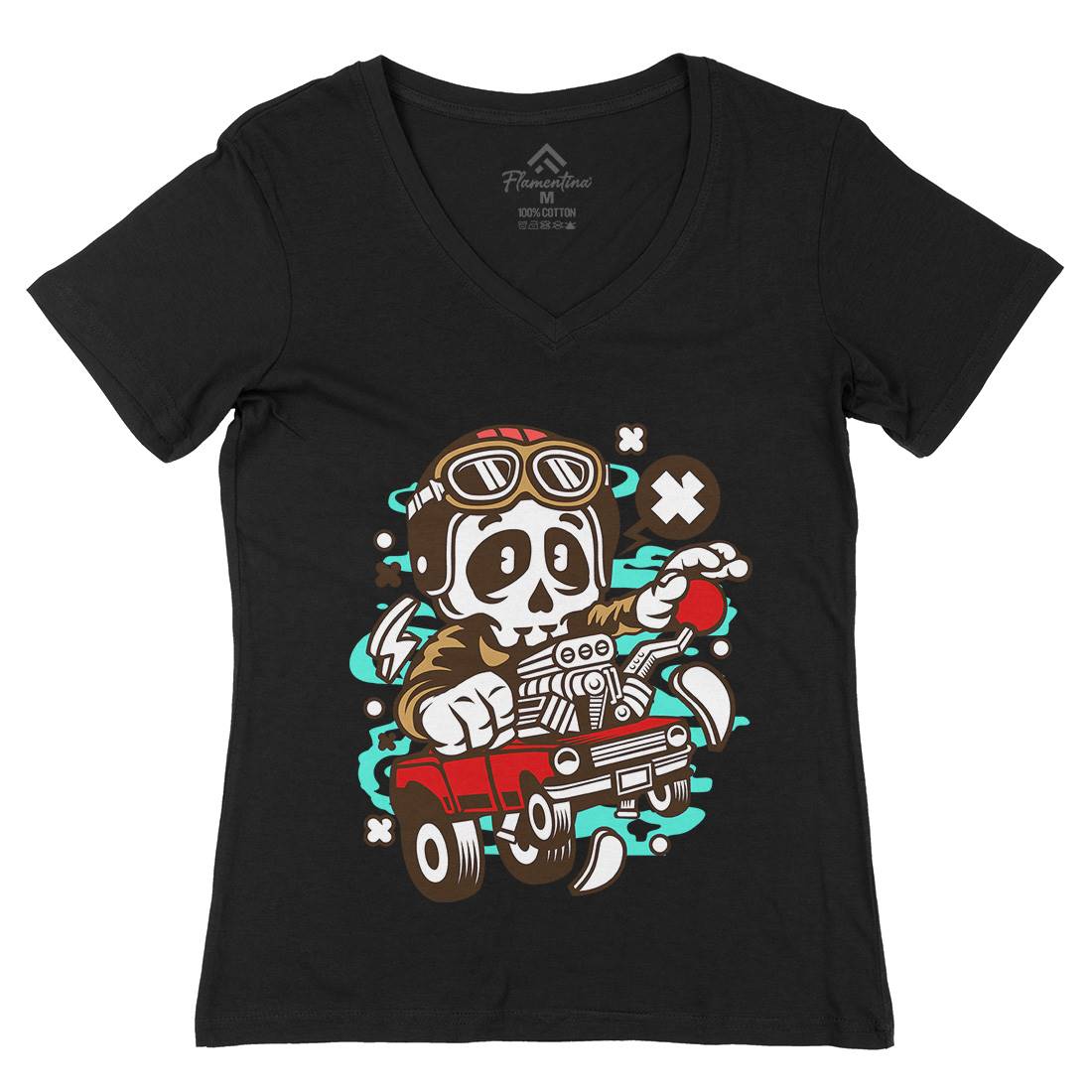 Skull Hot Rod Racer Womens Organic V-Neck T-Shirt Cars C238