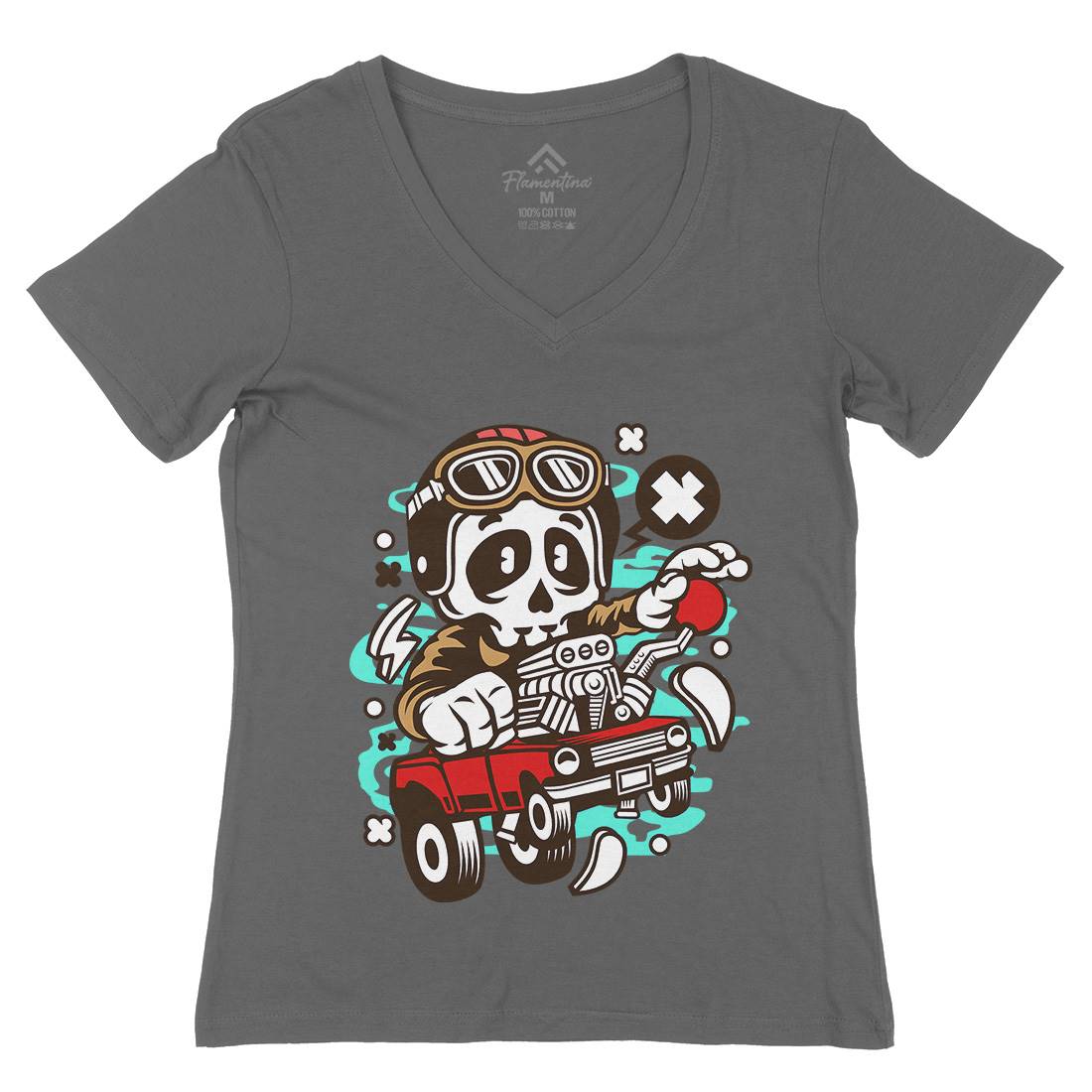Skull Hot Rod Racer Womens Organic V-Neck T-Shirt Cars C238