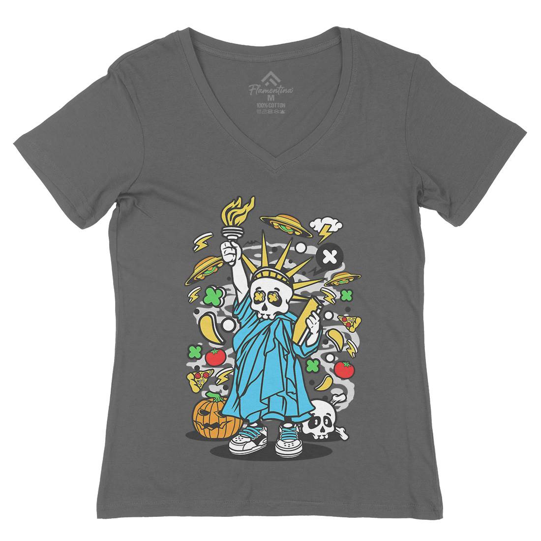 Skull Liberty Womens Organic V-Neck T-Shirt Peace C240