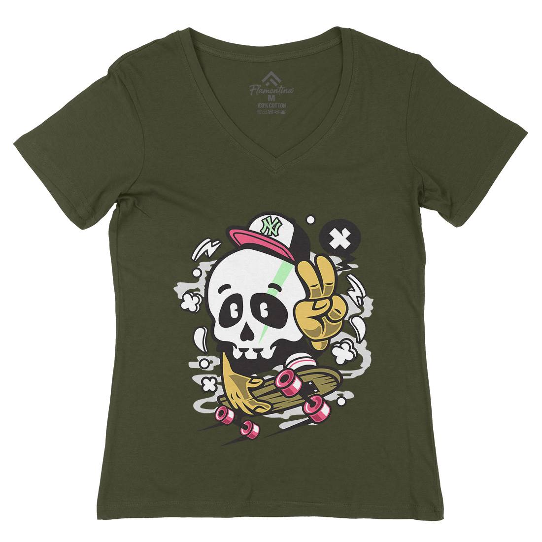 Skull Peace Skateboarding Womens Organic V-Neck T-Shirt Skate C242