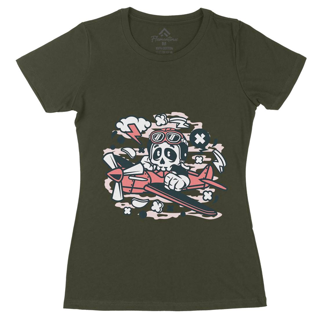 Skull Pilot Womens Organic Crew Neck T-Shirt Army C243