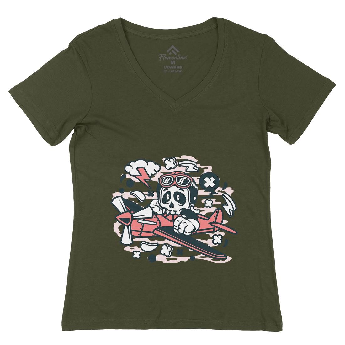 Skull Pilot Womens Organic V-Neck T-Shirt Army C243