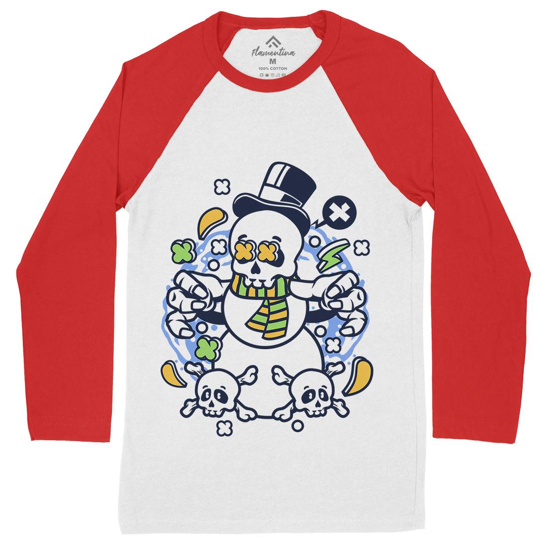 Skull Snowman Mens Long Sleeve Baseball T-Shirt Retro C246